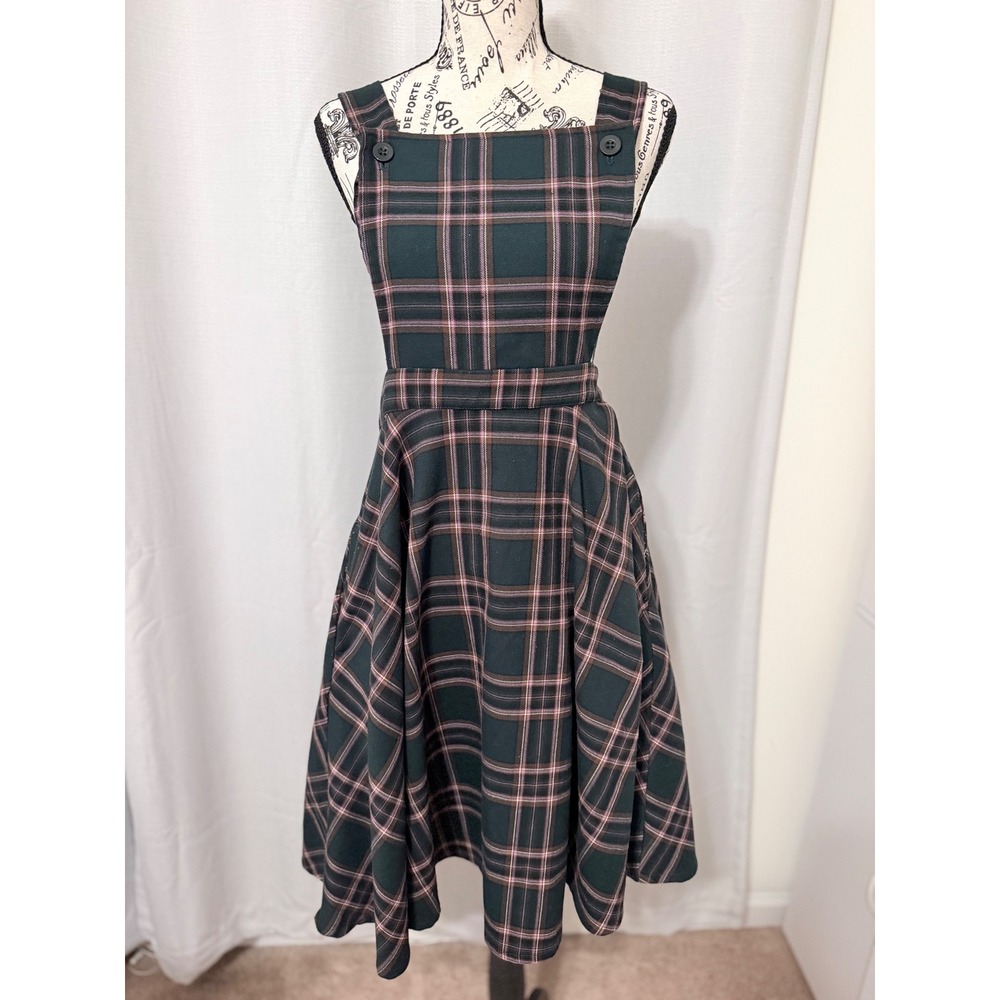 Hell Bunny Green Pink Plaid Pinafore Dress B40121 Rockabilly Midi Skirt Womens M